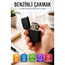 Benzinli Çakmak Siyah Klasik Tasarım Yeniden Doldurulabilir Kapaklı Cep Tipi Kullanım Çakmağı