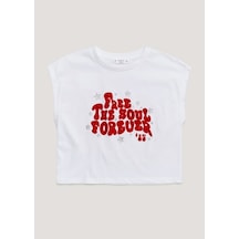 Kadife Yazı Baskılı Kız Çocuk T-Shirt KT01689 Beyaz