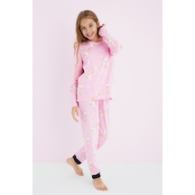 Siyah İnci Kız Çocuk Renkli Desenli Pamuklu Pijama Takım 24225704 Pembe