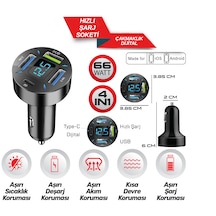 Araç İçi Dijital Çakmak Sarj Soketi Hızlı Sarj 66w 4 İn 1 Usb + Type C 5901848