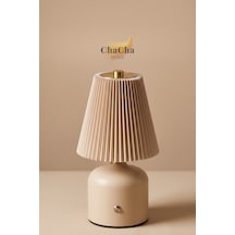 Lumina Plissé Dokunmatik Şarjlı Masa Lambası - Kademeli Dimmerli Dekoratif Gece Lambası Abajur 21x10 Cm Kum Beji