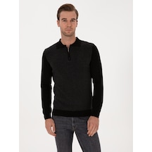 Cacharel Siyah Slim Fit Pamuk Karışımlı Fermuarlı Polo Yaka Triko Kazak