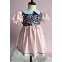 Bebe Yaka Mavi Pembe Çiçekli Kız Çocuk Bebek Bahar Elbise 001