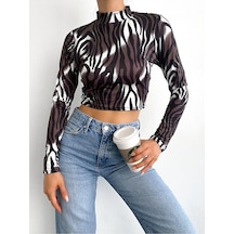 Modazeyosh Balıkçı Yaka Baskılı Crop Bluz Kahverengi