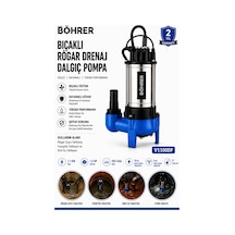 V1100df Bıçaklı Rögar Drenaj Dalgıç Pompa 1.5 Hp 350 L/dak Kirli Su Ve Foseptik Tahliye Pompa
