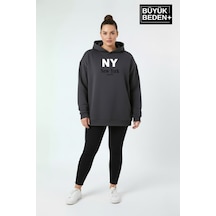 Süperlife Kadın Büyük Beden Kapşonlu Ny Newyork Baskılı İnce Swatshırt Spr26bswk957-15 Füme
