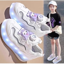 Kız Çocuk Spor Ayakkabı Şarj Edilebilir Farklı Modlarda Led Işıklı Kapanabilir Tekerlekli Beyaz