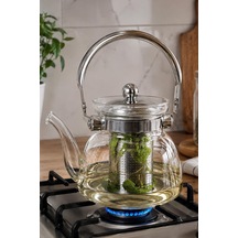 Borosilikat Cam Tek Demlik Bitki Demlik Süzgeçli 800ml Çelik Sap Şeffaf