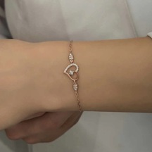 Gümüş Rose Kalpli Tektaş Kadın Bileklik Çok Renkli