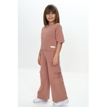 Toontoy Kids Toontoy Kız Çocuk 2'li Takım Baskılı Bisiklet Yaka Kısa Kollu Crop Sweatshirt & Beli Lastikli Cepli Bol Paça Eşofman Altı - Denim Görünümlü & Yıkamalı 2 İplik Bordo