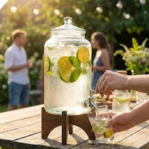 Amberhaus Akasya Ahşap Standlı Musluklu Cam Sebil - Soğuk İçecek Dispenseri Ve Limonata Sürahisi - Parti Ve Sunum Çok Renkli