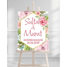 Söz Nişan Düğün İçin 50x70 Karşılama Panosu - Pembe Renk Çiçek Temalı 03 Beyaz