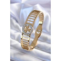 316l Çelik Gold Renk Zirkon Taşlı Yonca Model Kadın Kelepçe