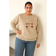 Benroma 3 İplik Penye Çoklu Kalp Baskılı Büyük Beden Unisex Sweatshırt Bej