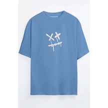 Artı Çarpı Surat Baskılı Unisex Bordo - Mavi Oversize T-shirt Mavi