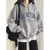 Unisex Arlington Baskılı Gri Kapuşonlu Oversize Sweatshirt Gri