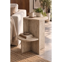 Sulorahome Ekru Traverten Desenli Raflı Yan Sehpa 53x35 Cm