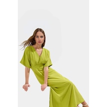 Ersefa Dokuma Polyester Maxi Elbise A Kesim V Yaka Rahat Yazlık Günlük K Yeşil