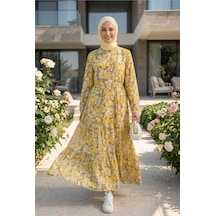 Hb Harma Time Butik Kadın Düğmeli Desenli Modal Sarı Elbise Vizon Vizon