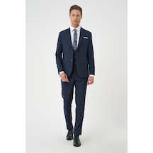 Efor Slim Fit Çift Yırtmaç Keten Karışımlı Yelekli Klasik Lacivert Takım Elbise Tk 914 Lacivert