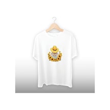 Günebakan Kız Detaylı Unisex Tişört Beyaz