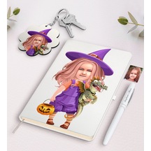 Kişiye Özel Küçük Cadı Karikatürlü Beyaz Defter Kalem Ve Anahtarl