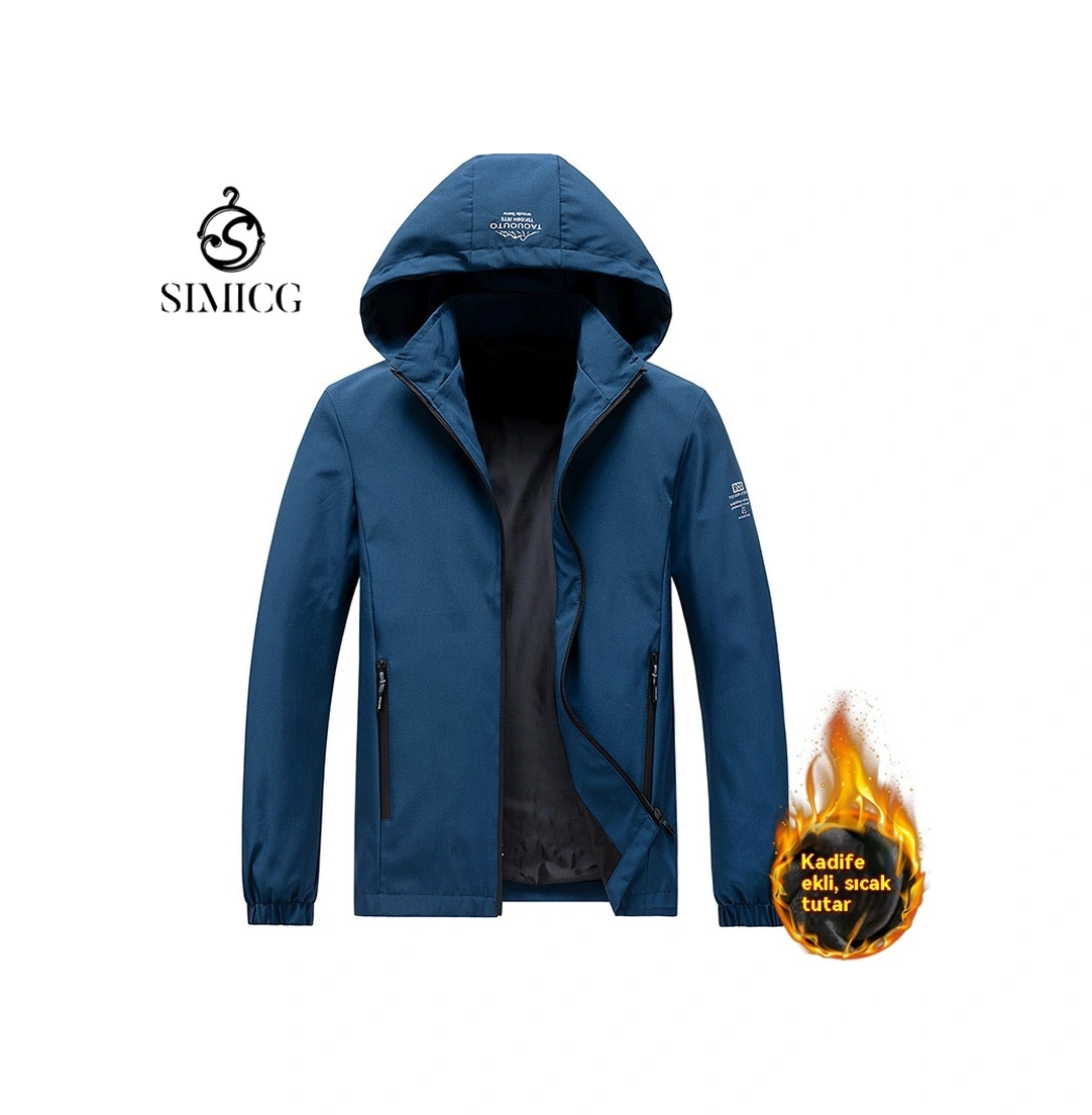 Erkek İlkbahar Ve Sonbahar İnce Günlük Dış Giyim Seti, Çıkarılabilir Kapüşonlu Spor Ceket Mavi