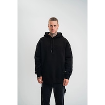 Barlashive Erkek 3 İplik Pamuklu Oversize Kapüşonlu Nakışlı Hoodie Sweatshirt - Siyah Çok Renkli