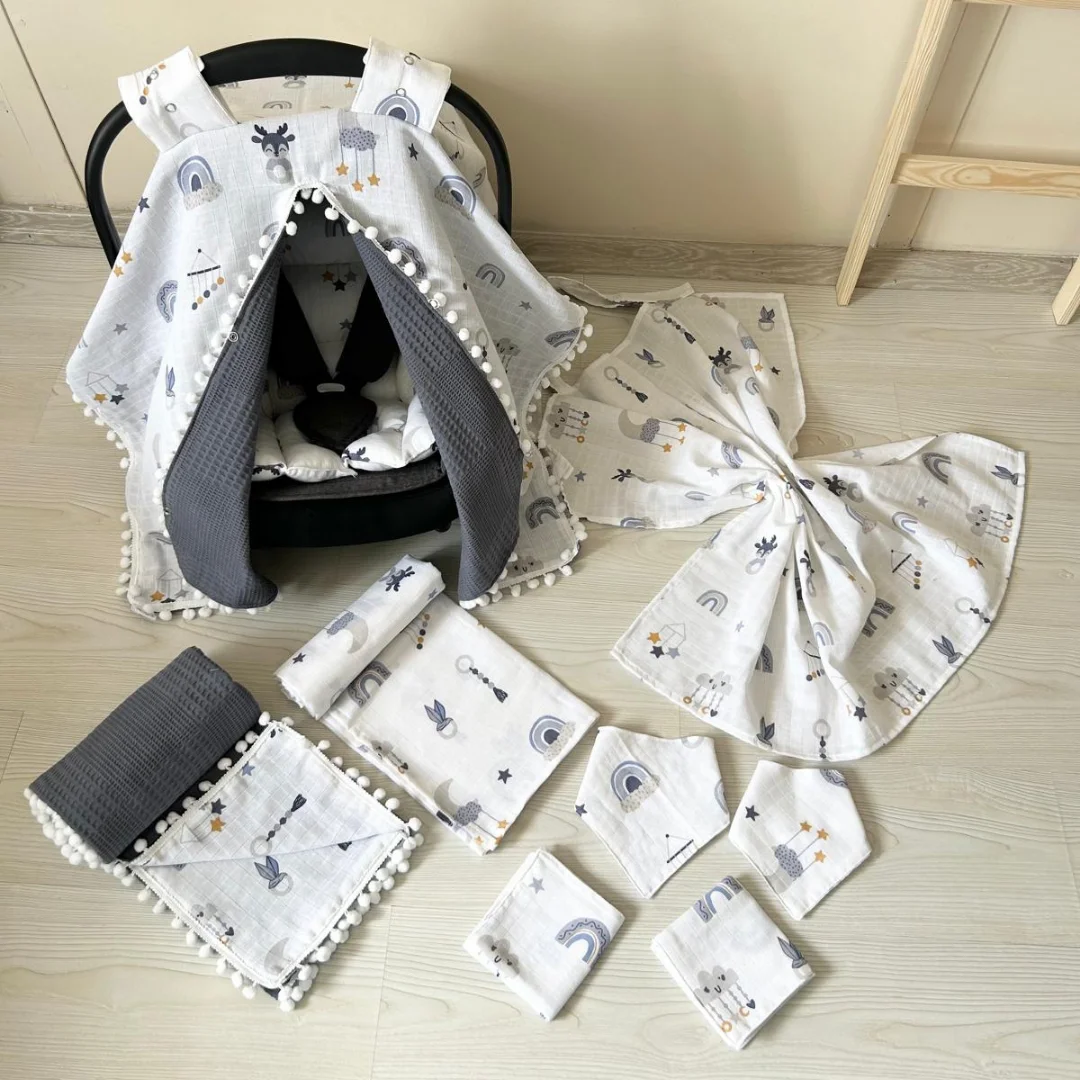 %100 Pamuk 9 Parça Çift Taraflı Muslin Setler Soft Çıngırak