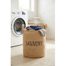 Çamaşır Sepeti Kumaş Kulplu Jüt Kumaş Katlanabilir Laundry Yazılı Bej Renk Açık Kahverengi