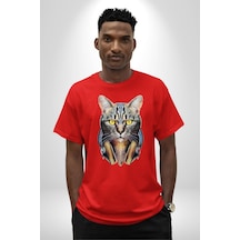 Kulaklık Kedi Pamuklu Bisiklet Yaka Unisex Oversize Boyfriend Dijital Baskılı Kırmızı T-shirt Kırmızı