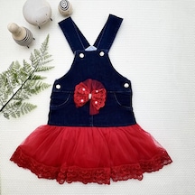 2-3-4 Yaş Fiyonklu Düğme Detaylı Tül Etek Kot Kumaş Salopet Kız Çocuk Elbisesi Lacivert-kırmızı 001