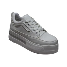 Yazkış Kadın Siyah Beyaz Cilt 5cm Kalın Taban Bağcıklı Tabanı Taşlı Sneaker Spor Ayakkabı Beyaz