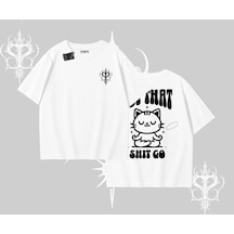 Tarzsokak Meditasyon Yapan Kedi Baskılı Oversize Tshirt Beyaz