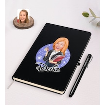 Kişiye Özel Kadın Yönetici Karikatürlü Siyah Defter + Anahtarlık