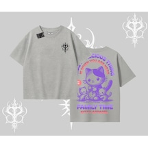 Tarzsokak Family Time Yazılı Sevimli Anne Kedi Arka Baskılı Oversize Tshirt Gri