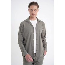 Comfort Fit Apaş Yaka Doku Desenli %100 Pamuk Haki Gömlek Ceket G 1601