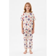 Alkın Kids 3-13 Yaş Kız Çocuk Kiraz Ve Çiçek Desenli %100 Pamuklu Kısa Kollu Pijama Takımı Bej
