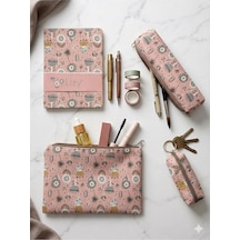Desenli Defter, Kalemlik, Cüzdan Ve El Çantası Seti, Pembe, 96 Sayfa, 14x20 Cm Cok Renkli