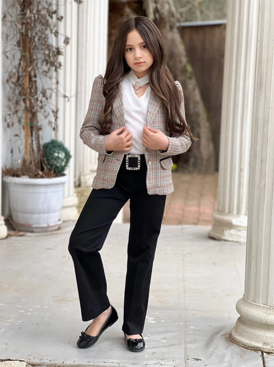 Uğurböceğiçocuk Astarlı Ekose Ceket Broşlu Gömlek Pantolon Kemer 4'lü Kız Çocuk Takım Siyah