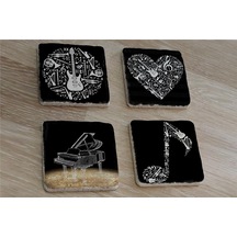 Siyah Beyaz Müzik Görselleri Doğal Taş Bardak Altlığı 4'lü Set - Natural Stone Coasters - Taş Beyaz - Siyah
