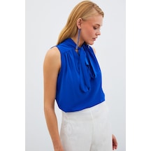 Sateen Fularlı Kolsuz Bluz - Saks Mavisi Sateen Fularlı Kolsuz Bluz - Saks Mavisi