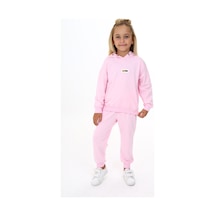 Toontoy Kids Toontoy Kız Çocuk 2'li Takım Baskılı Kapüşonlu Sweatshirt & Beli Paçası Lastikli Jogger Eşofman Altı - Garni Detaylı & 2 İplik Açık Pembe