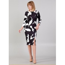 Favori Kadın Desenli Yakada Taş Detayı Truvakar Kollu Şık Midi Elbise 001