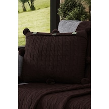 Ponponlu Triko Örme Kırlent Kılıfı - 40x40 Cm Kare Yastık Kılıfı Kahverengı Kahverengi