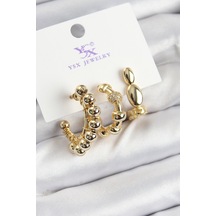 Pirinç Zirkon Taşlı Halka Model Gold Renk 3'lü Kadın Küpe Altın