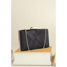Famels Kadın Şeritli Özel Model Abiye Clutch Portföy El Gece Düğün Nişan Abiye Çantası Siyah
