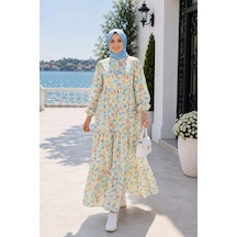 Hb Harma Time Butik Kadın Düğmeli Desenli Modal Kumaş Bej Elbise Bej Bej