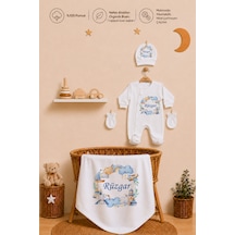 Pia Baby Kişiye Özel Erkek Bebek Tulum Set 4 Parça %100 Pamuk İsimli Organik Baskılı Battaniyeli 1098bt3x Krem