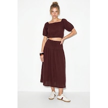Shade Kadın Balon Kollu Crop Bluz Bağlama Detaylı Pamuklu Müslin Etek Takım Yc2728 60286287 - Mürdüm